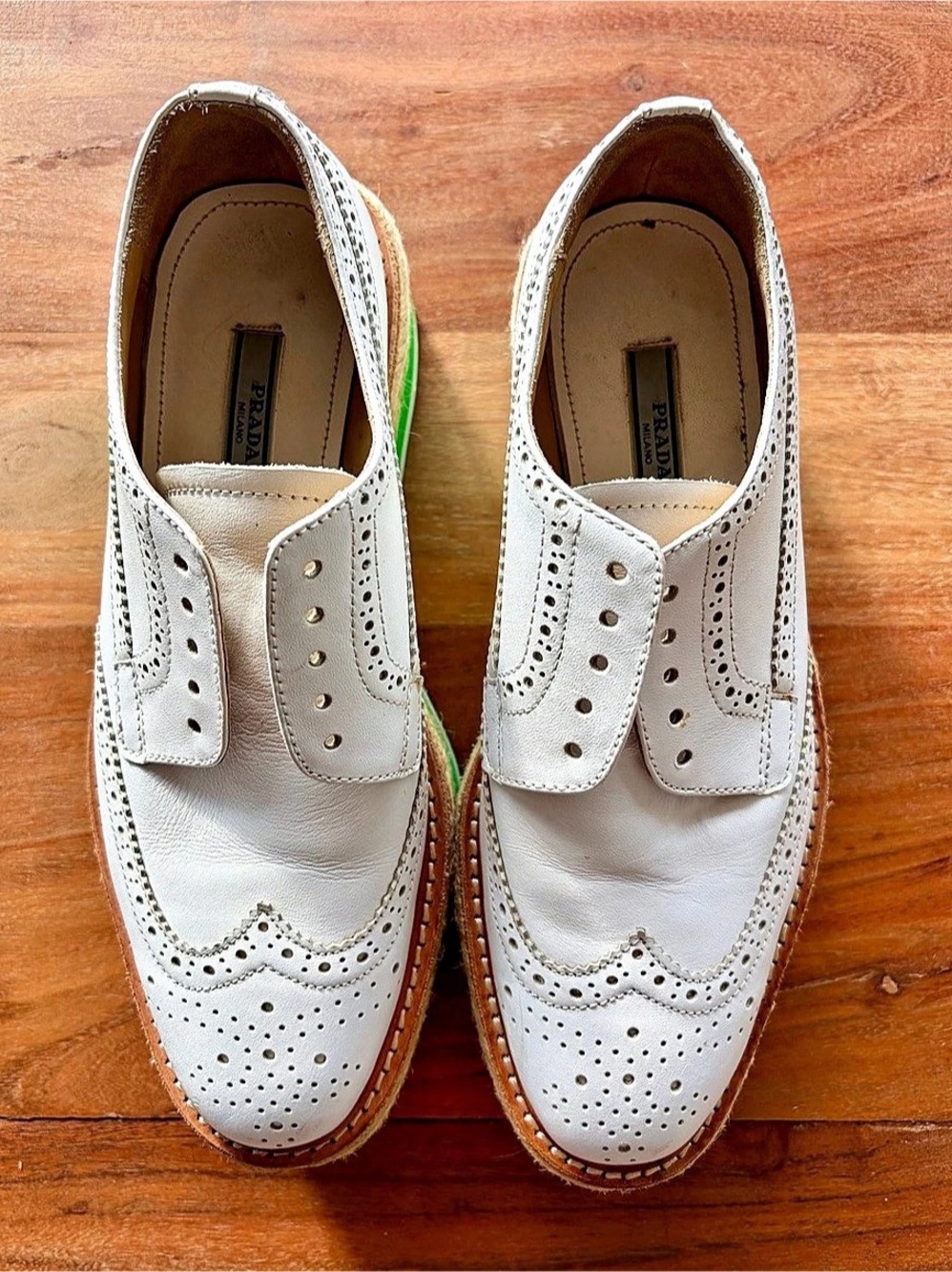 Prada 2011 White Leather Platform Brogue Espadrille Creeper Shoes